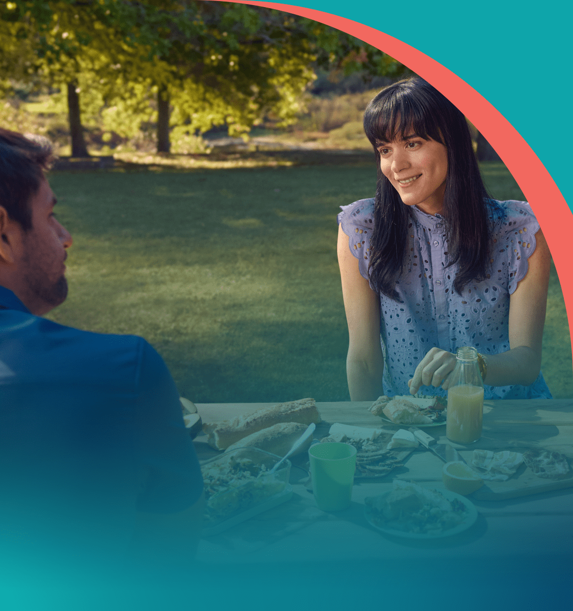Women speaking at a restaurant.